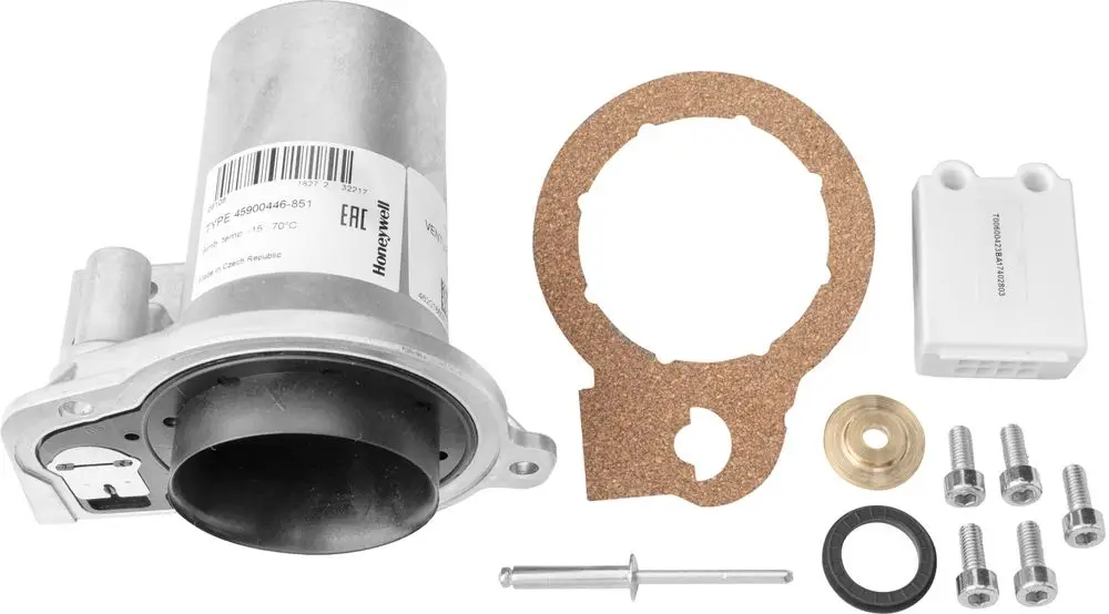 Gasumrüstkit mit Komponenten für die Installation, inklusive Ventil, Dichtungen, Schrauben und Zubehör. Marke Bosch. Monatliche Nutzung in verschiedenen Anwendungen.